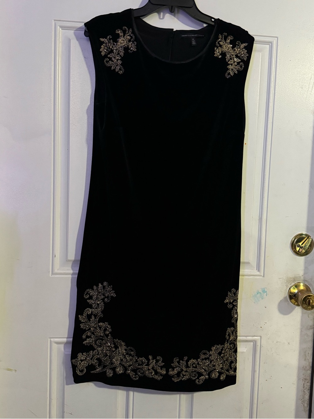 White House Black Market Black Velvet Sheath Dress with Gold Embellishment